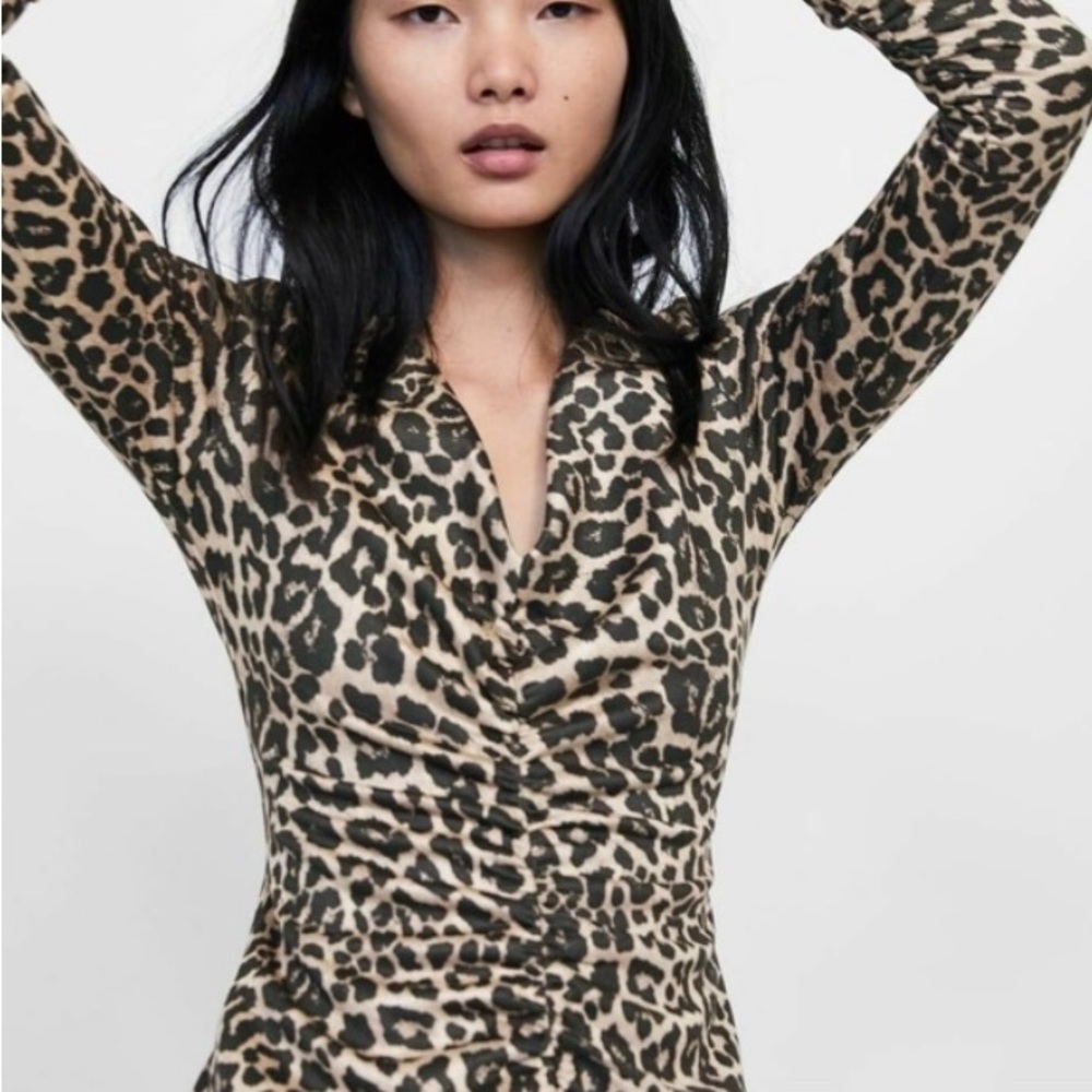 Zara Leopard Pattern Suede Ruched Long Sleeve Dress NWT Women’s Size - L - Picture 2 of 13